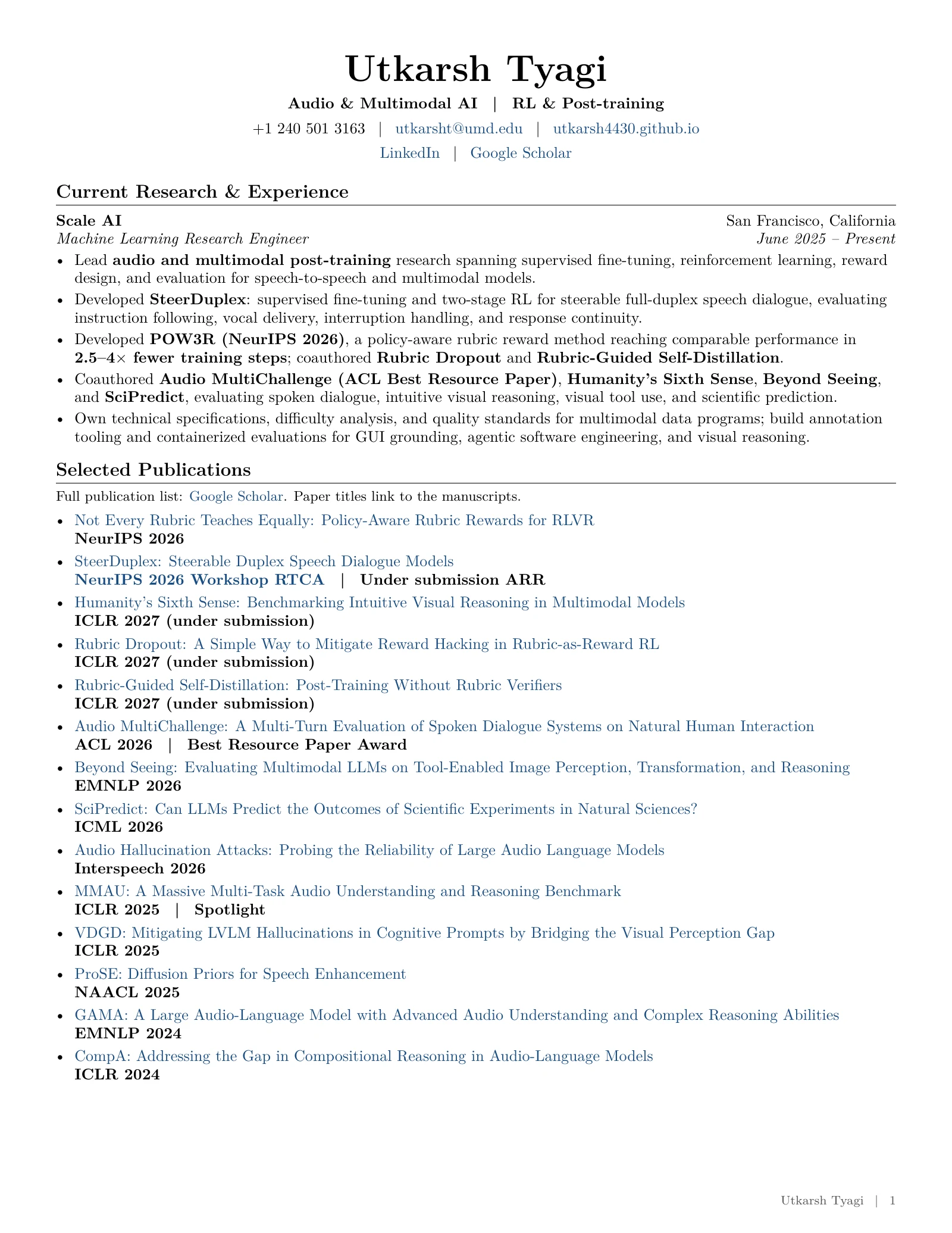 CV page 1: current research at Scale AI and selected publications.