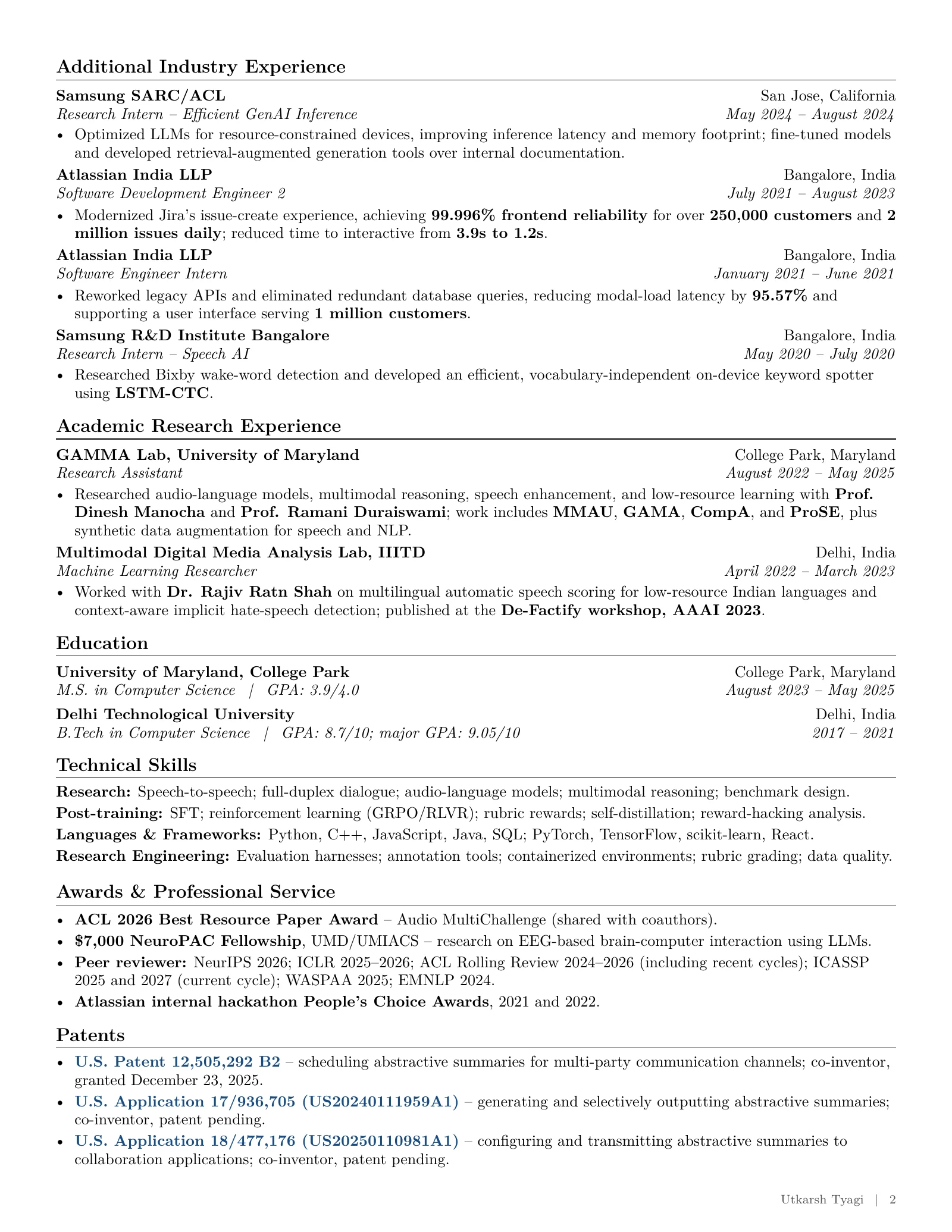 CV page 2: additional experience, education, technical skills, awards, service, and patents.